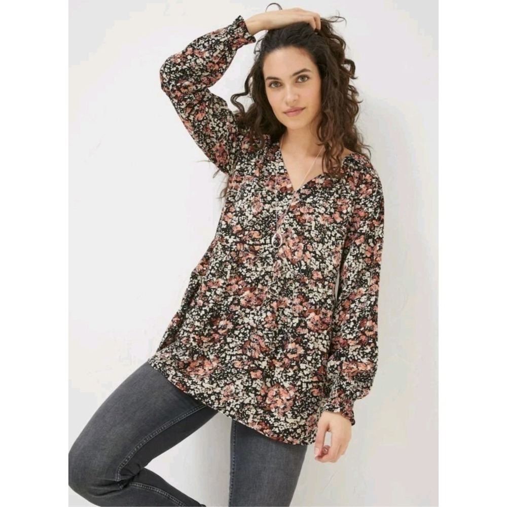 FatFace Black Blush Floral Dylan Longline Tunic Blouse Oversized Women's Size 10